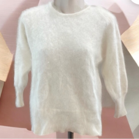 Vintage 80s white 80% angora sweater soft 3/4 sleeve shoulder pads womens size M